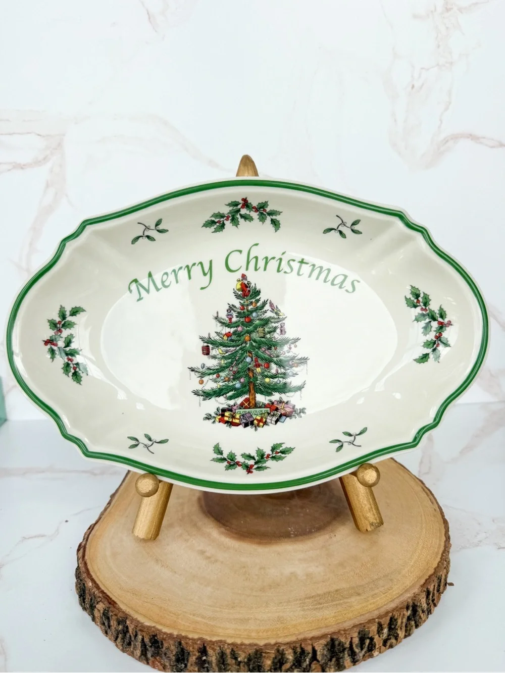Spode Christmas Tree Merry Christmas Oval Serving Bowl Holiday Serving Bowl